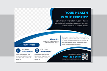 Pharmaceutical landing pages templates with curve blue gradient element designs and photo space. Suitable for medical presentation, horizontal booklet cover, flyer, website slider, social media post.