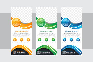Business Concept Roll-Up Banner Design, Advertising Vector Template with white background and green, orange, blue element designs. space for photo collage. 