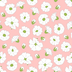 Hand drawn white flower seamless pattern background with buds. Doodle baby's breath, Gypsophila flower background. Great for wallpaper, textile, fabric, card, packaging, wedding.  