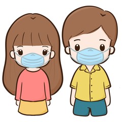 Boy and girl cartoon wearing protective medical mask for prevent virus  Covid-19