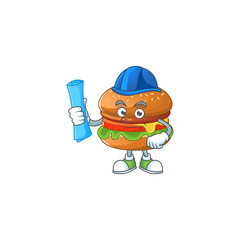 A clever Architect of hamburger with blue prints and blue helmet