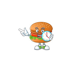 cartoon character style of cheerful hamburger with clock