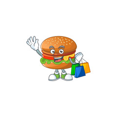 Smiley rich hamburger mascot design with Shopping bag
