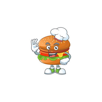 A picture of hamburger cartoon character wearing white chef hat