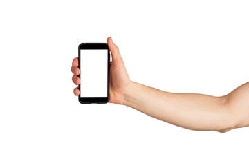 man hand holds smartphone with white screen. Isolated