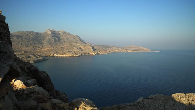 Aerial view of the coast of Rhodes and the Mediterranean Sea from the hill of Feraklos Castle, Greece