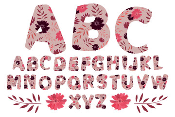 Vector floral adorable alphabet from A to Z. Letters with flowers. Capital characters. Botanical monogram. Pink, , purple, maroon, coral color flowers, twigs, leaves in the shape of a bold letter. 