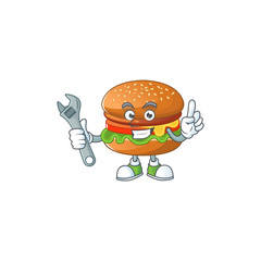 Cartoon mascot design concept of hamburger mechanic