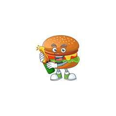 mascot cartoon design of hamburger with bottle of beer