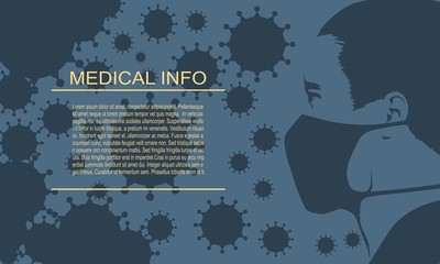 Abstract icon of man wearing a medical mask. Group of viruses on backdrop. Brochure or leaflet template