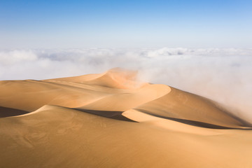 Fototapeta na wymiar Top of a massive sand dune emerging from a thick cloud of fog after sunrise. Liwa desert, Abu Dhabi, United Arab Emirates.