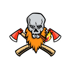 Mascot icon illustration of a bearded skull or skeleton head, a lumberjack, logger or woodcutter, smoking cigar with crossed axe, hatchet or ax viewed from front on isolated background in retro style.