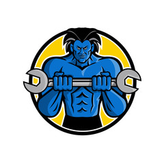 Mascot icon illustration of a blue muscular monster with big hair holding a wrench or spanner set inside circle viewed from   front on isolated background in retro style.