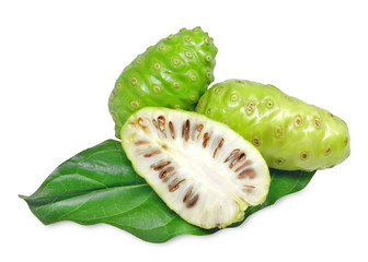 Fototapeta na wymiar Noni fruits (Morinda citrifolia) or mengkudu with leaf and slice, isolated on white background.
