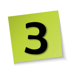 Number 3 on Note paper pad green on white background,text on paper.