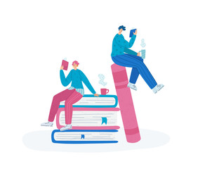 People reading book, miniature man and girl or two students read and study, literature fans or lovers with giant books, modern flat cartoon textured characters isolated on white - vector illustration