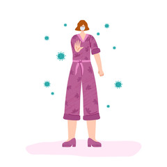 Coronavirus 2019-nCoV concept. Girl wearing face medicine mask and stoping virus. Protection, prevention novel coronavirus 2019-nCoV. people in breathing mask and stop gesture. Vector illustration