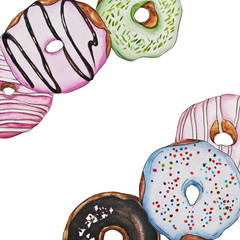  frame. watercolor, sweets, cake, donuts. Watercolor illustration. delicate flowers. stationary, congratulations, wallpaper, fashion, background, packaging, DIY.