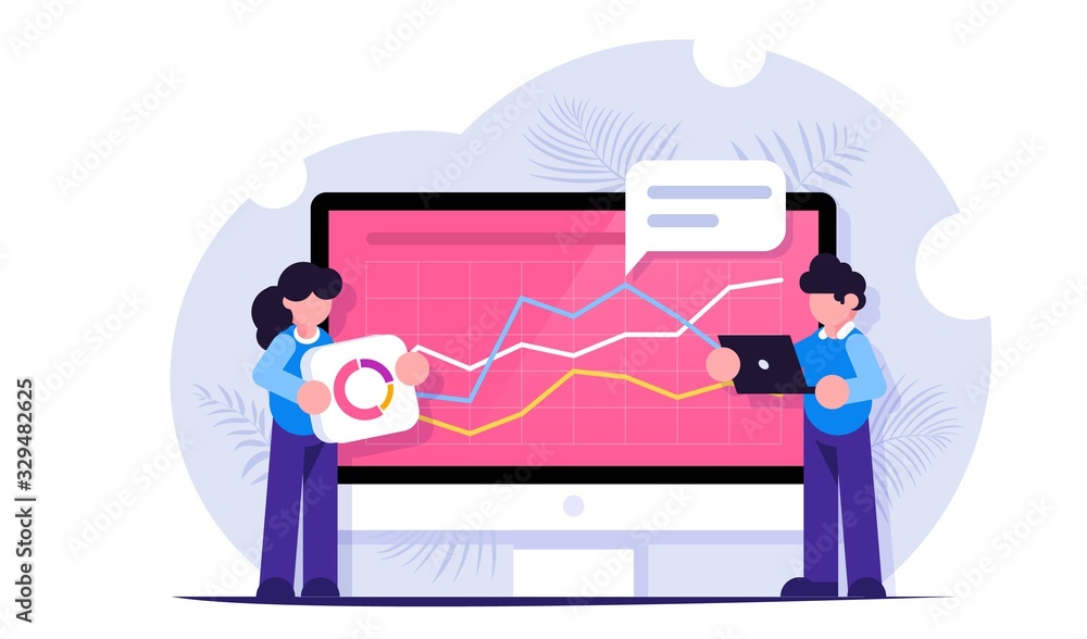 Poster data analysis concept. office situations. big data. people build a dashboard and interact with graph