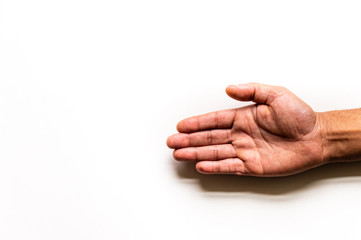 An isolated  right hand reaches in frame right with palm open  on a white background with copy space.