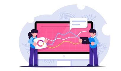 Data analysis concept. Office situations. Big Data. People build a dashboard and interact with graphs. Man and woman analyze information. Laptop in hand. Flat vector illustration.