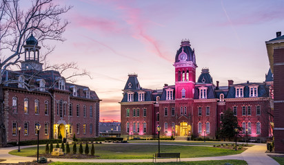 Dramatic image of Woodburn Hall at West Virginia University or WVU in Morgantown WV as the sun sets...