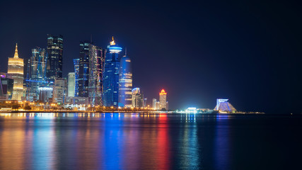 Fototapeta na wymiar The night views of Doha , Qatar via sea reflection on water