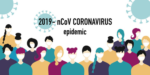 Banner Coronavirus. Novel coronavirus 2019-nCoV, people in white medical face mask, them attacks the virus. Coronovirus Protection Concept