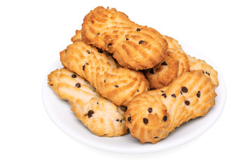 Shortbread with pieces of chocolate on a white plate