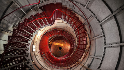 Staircase inside the lighthouse white red from the top down