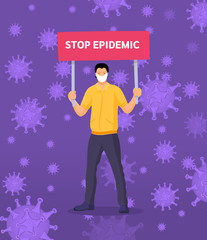 People man in medical masks with placards with stop epidemic. Coronavirus in China. New Wuhan coronavirus 2019-nCoV covid-19. Concept of quarantine chinese virus coronavirus epidemic vector