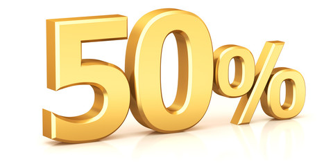 3d render illustration. Golden fifty percent on a white background.