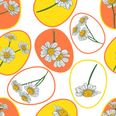 Pattern of easter eggs with daisies on a white background