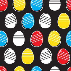 Pattern of multi-colored Easter eggs on a black background