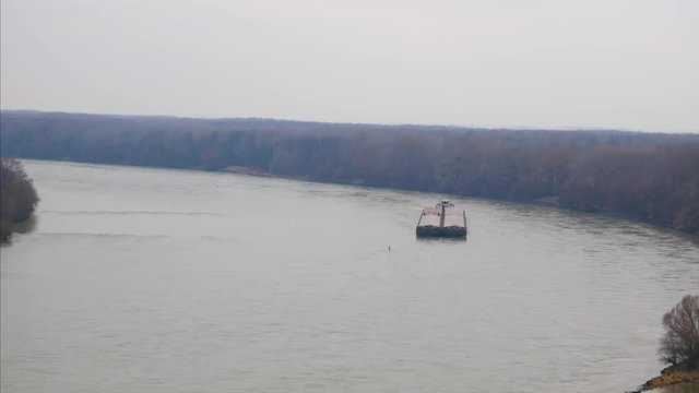 View Of Push Boat With Barge Sailing On The River In Bratislava, Slovakia On A Foggy Morning -wid shot