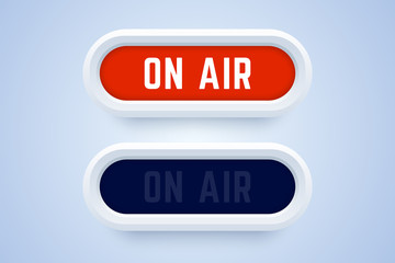 On air button, sign, label in 3d style. Switched on and switched off buttons. Vector illustration for radio, live stream, and others.