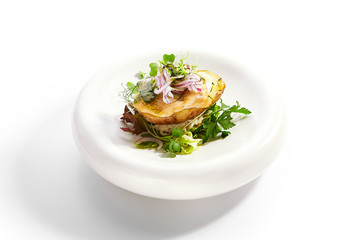 Baked potato with egg and pickled onion