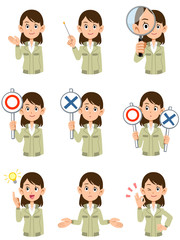 作業着を羽織った事務職の女性の上半身　9種類の表情と仕草