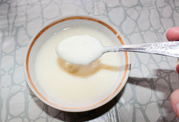 Cooked Semolina porridge in a Cup for Breakfast.