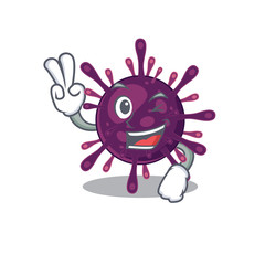 Cheerful Coronavirus kidney failure mascot design with two fingers