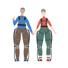 Pair of happy healthy old people in exosuits. Innovation in medicine. Elderly family. Exoskeleton for people with disabilities. Vector flat image for articles, cards and your creativity.