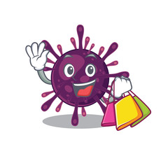 Happy rich coronavirus kidney failure mascot design waving and holding Shopping bag