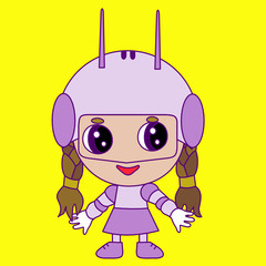 chibi girl in a robot suit, wearing a helmet with antennas, color emoticon on a yellow isolated background