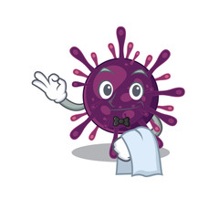A design of coronavirus kidney failure cartoon character working as waiter
