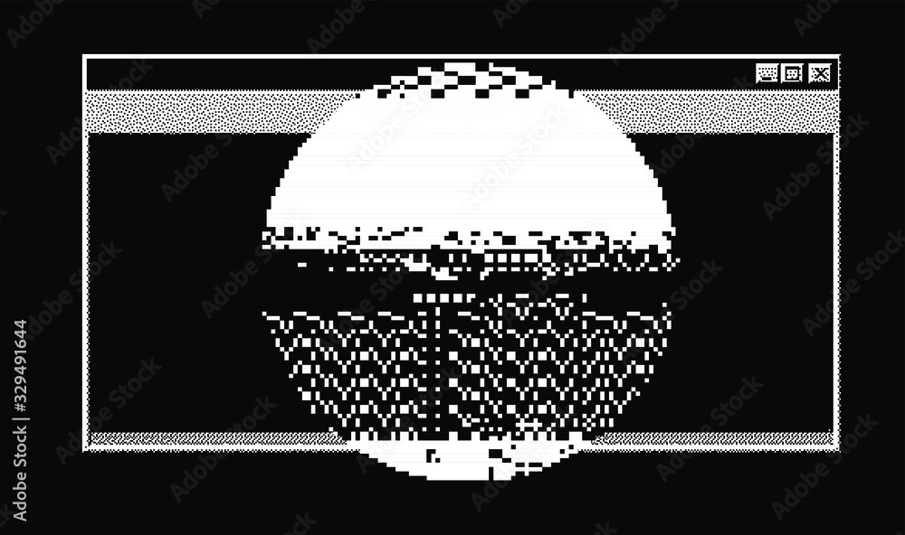 Poster Glitched screen with terminal console window. Pixel art 1-bit style.