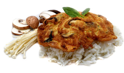 Thai Mushroom Omelette Rice on white background