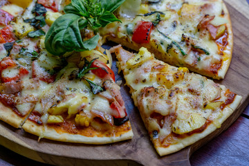Delicious, freshly cooked pizza photographed from above.