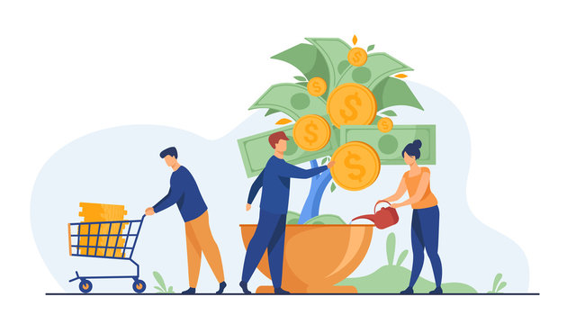 People Growing Money Tree. Investors Watering Plant With Cash, Getting Revenue. Vector Illustration For Business, Finance, Investment, Growth, Prosperity Concept