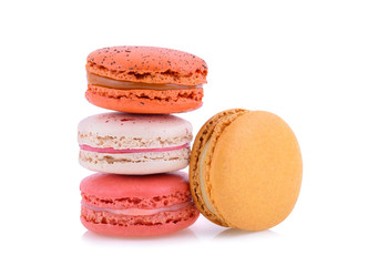 Sweet colorful macarons isolated on white background.