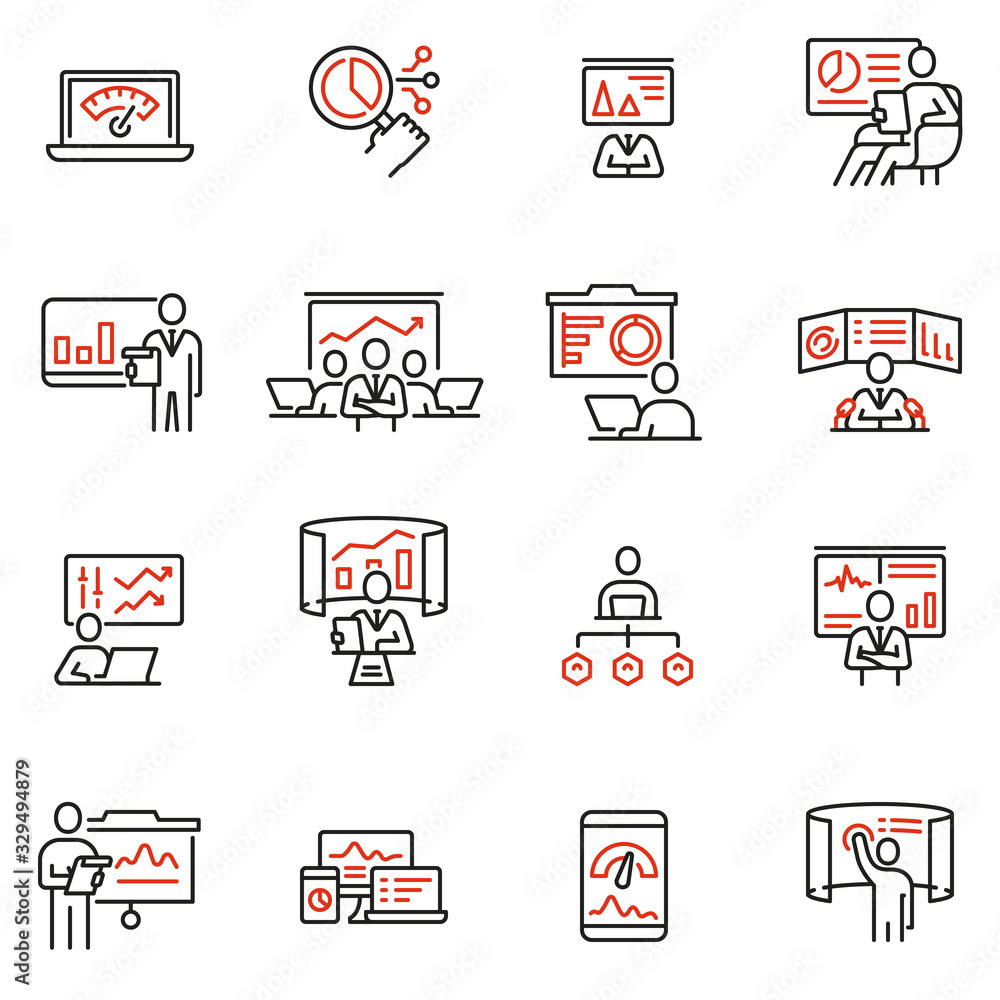 Poster vector set of linear icons related to gathering, analytics information, development statistic, exper